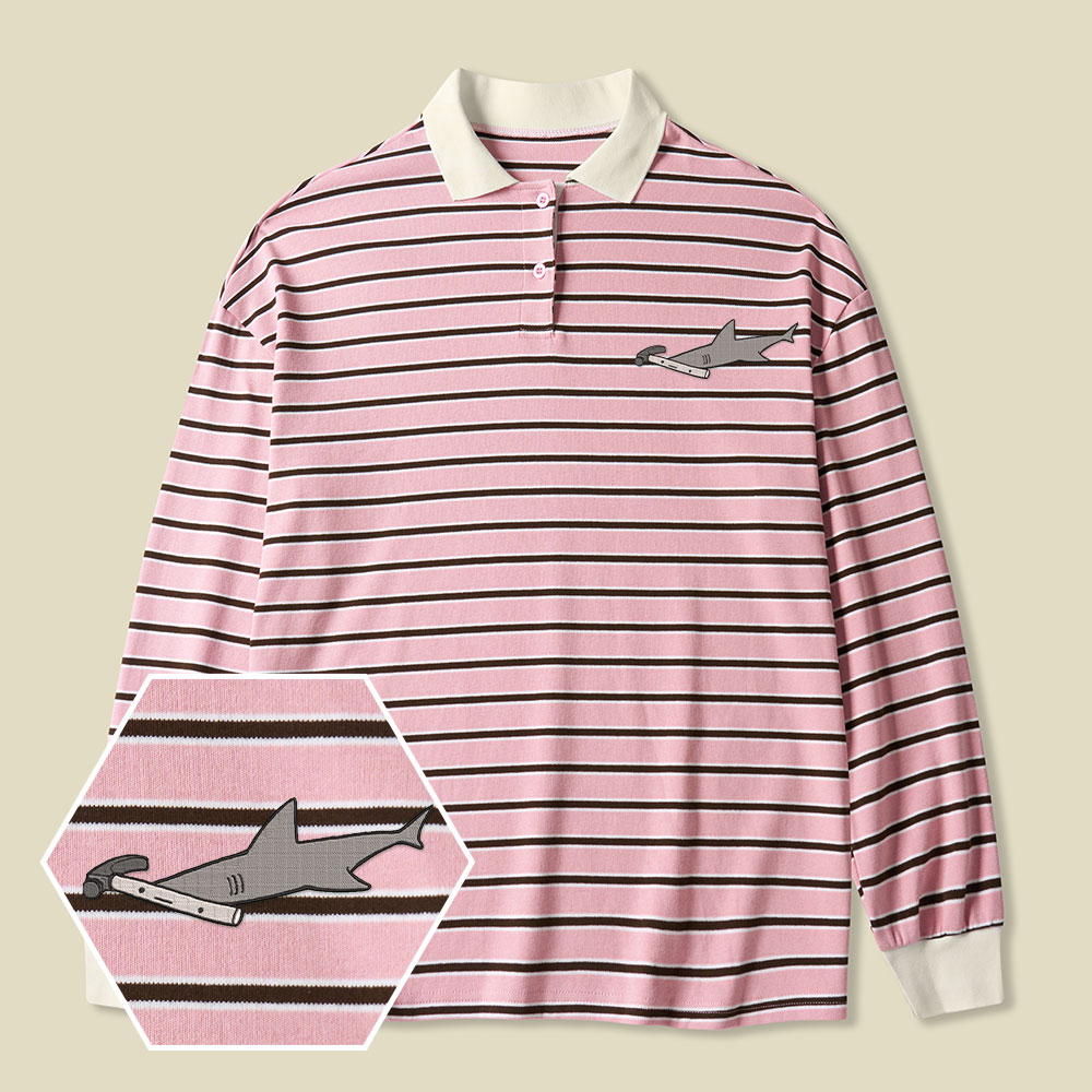 Hammerhead Shark Lycra Striped Embroidered Long-Sleeve Polo