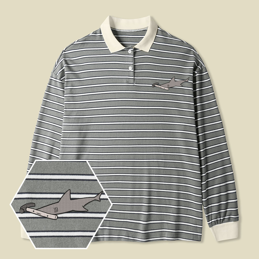Hammerhead Shark Lycra Striped Embroidered Long-Sleeve Polo