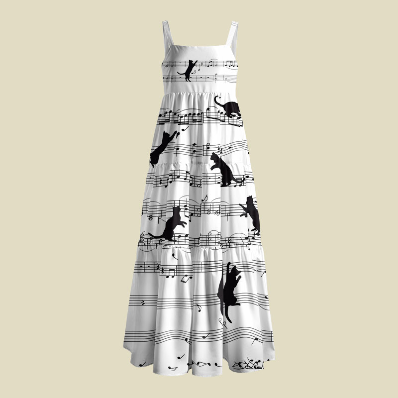 Musical Black Cat Sheet Music Playful Maxi Dress
