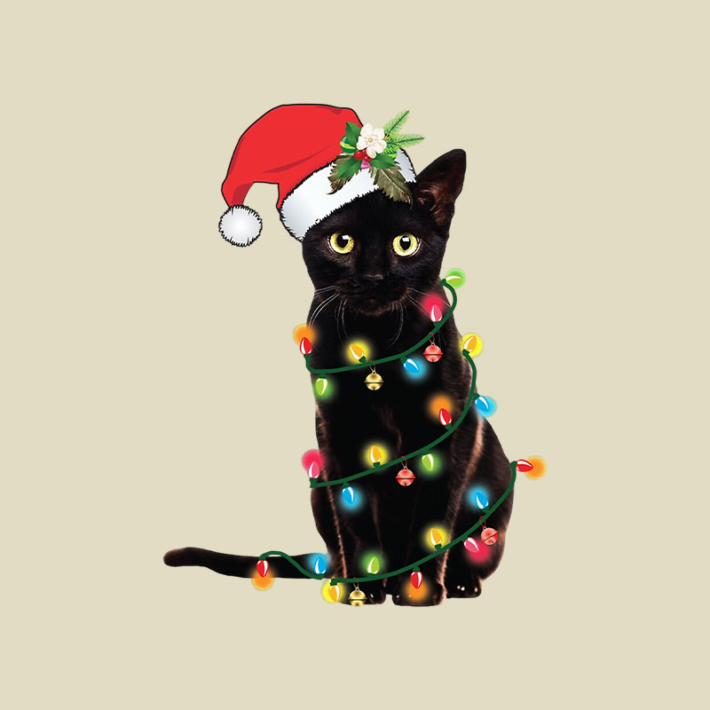 Santa Black Cat Tangled Up In Christmas Tree Lights Playful T-Shirt