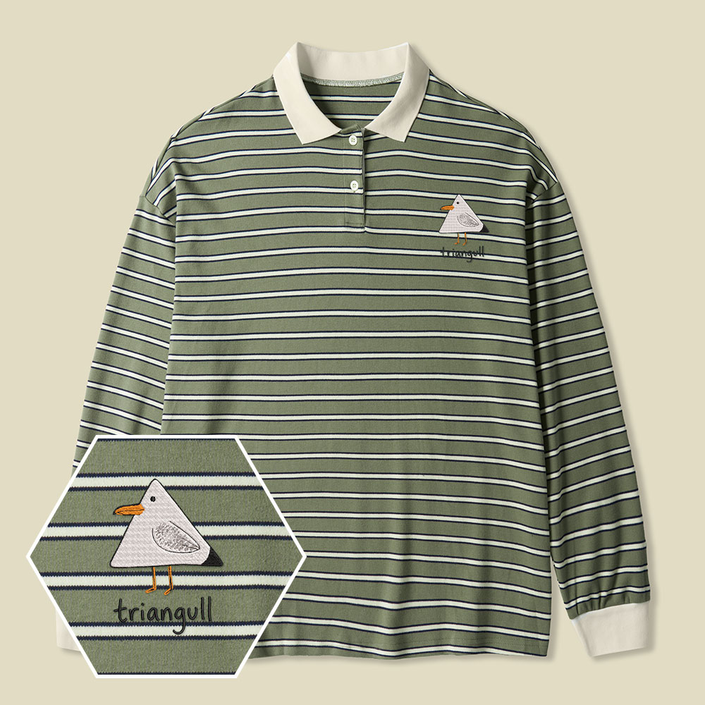 Triangull Funny Geometry Cute Triangle Seagull Bird Lycra Striped Embroidered Long-Sleeve Polo