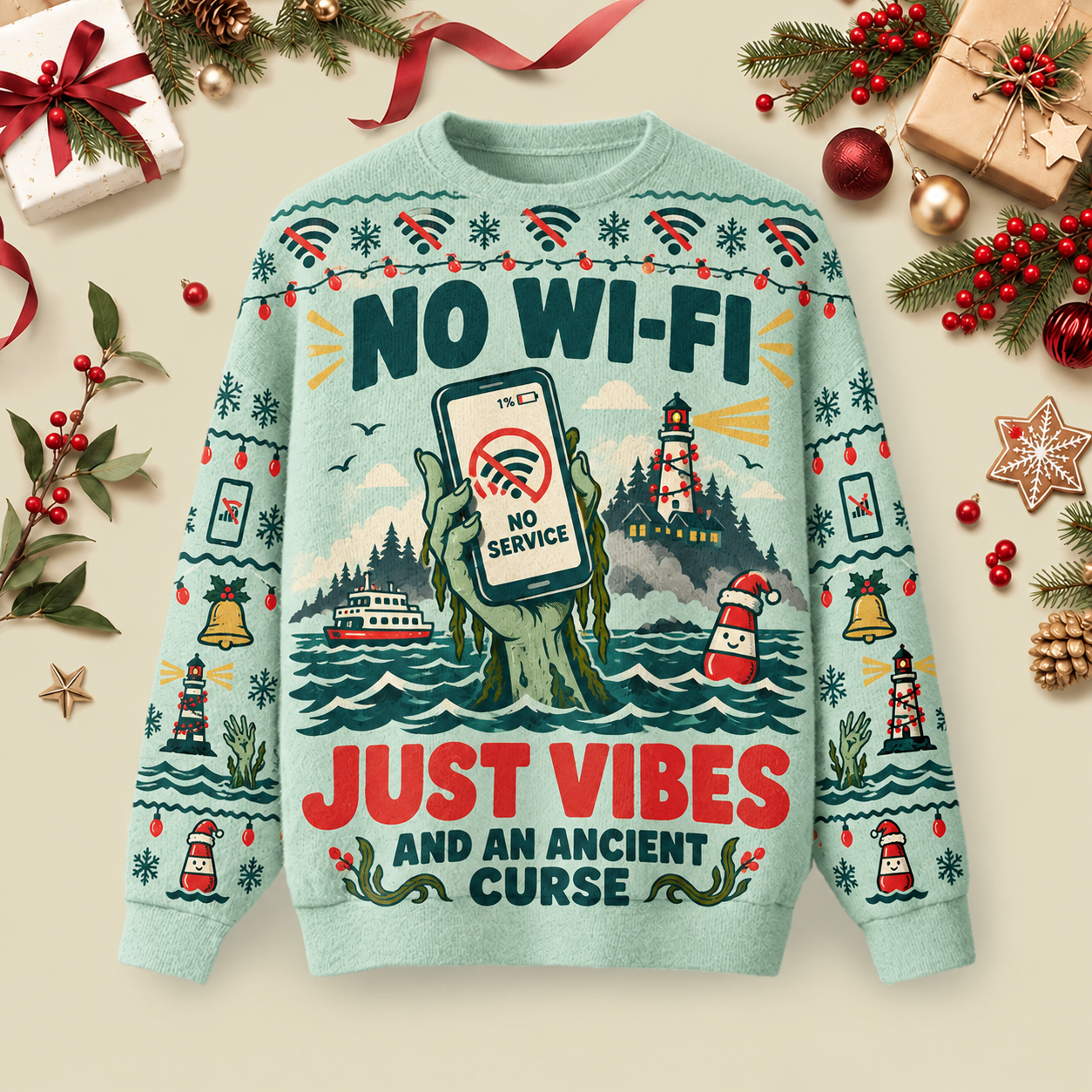 No Wi-Fi Just Vibes And An Ancient Curse Ugly Christmas Fluffy Sweatershirt