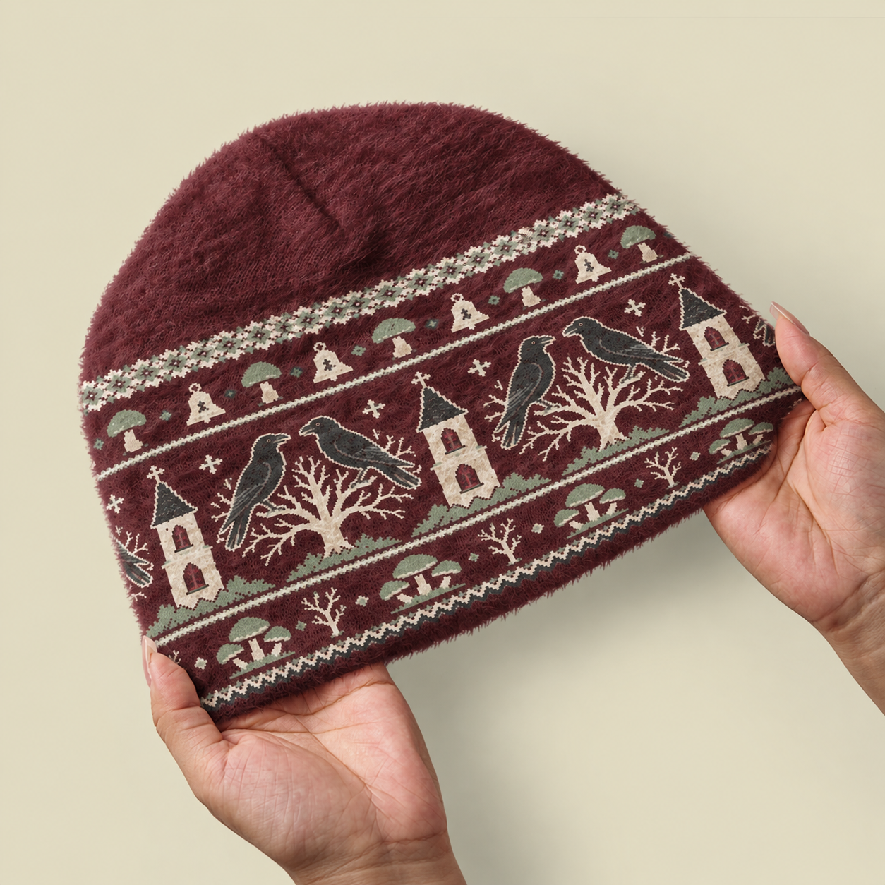 Gothic Crow Church Forest Fuzzy Beanie
