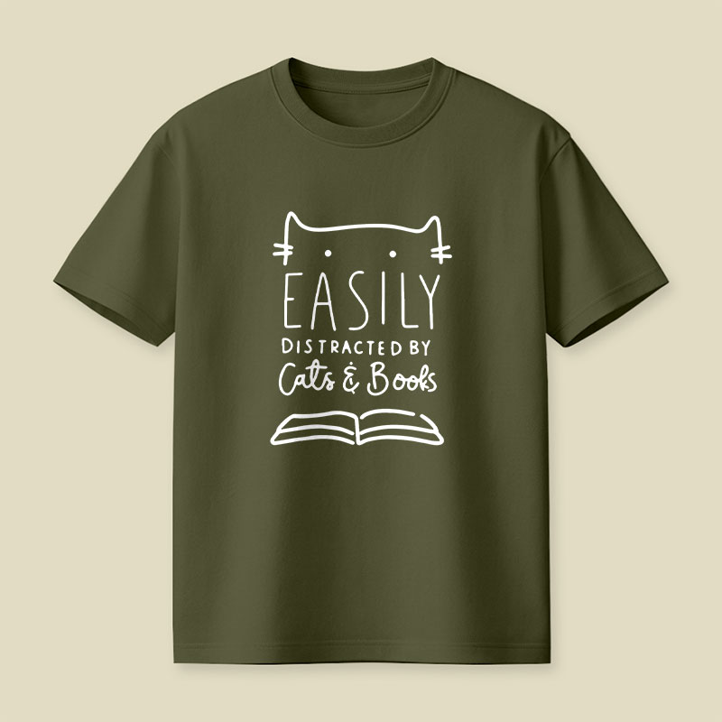 Funny Easily Distracted By Cats And Books Playful T-Shirt