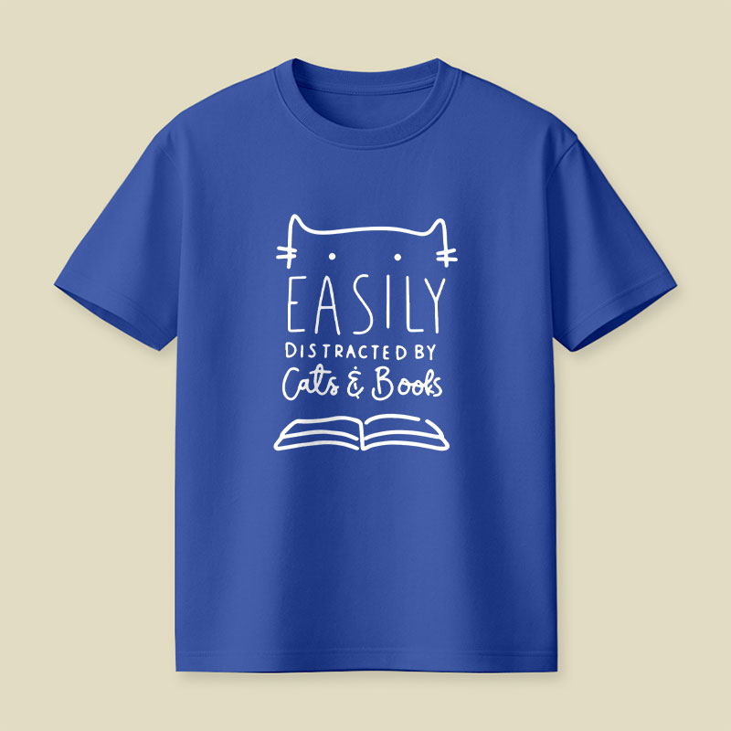 Funny Easily Distracted By Cats And Books Playful T-Shirt