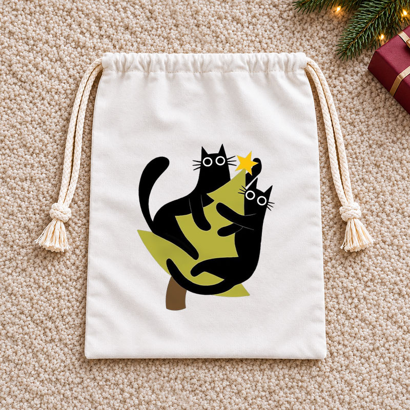 Playful Black Cats Hugging Xmas Tree Christmas Drawstring Gift Bag