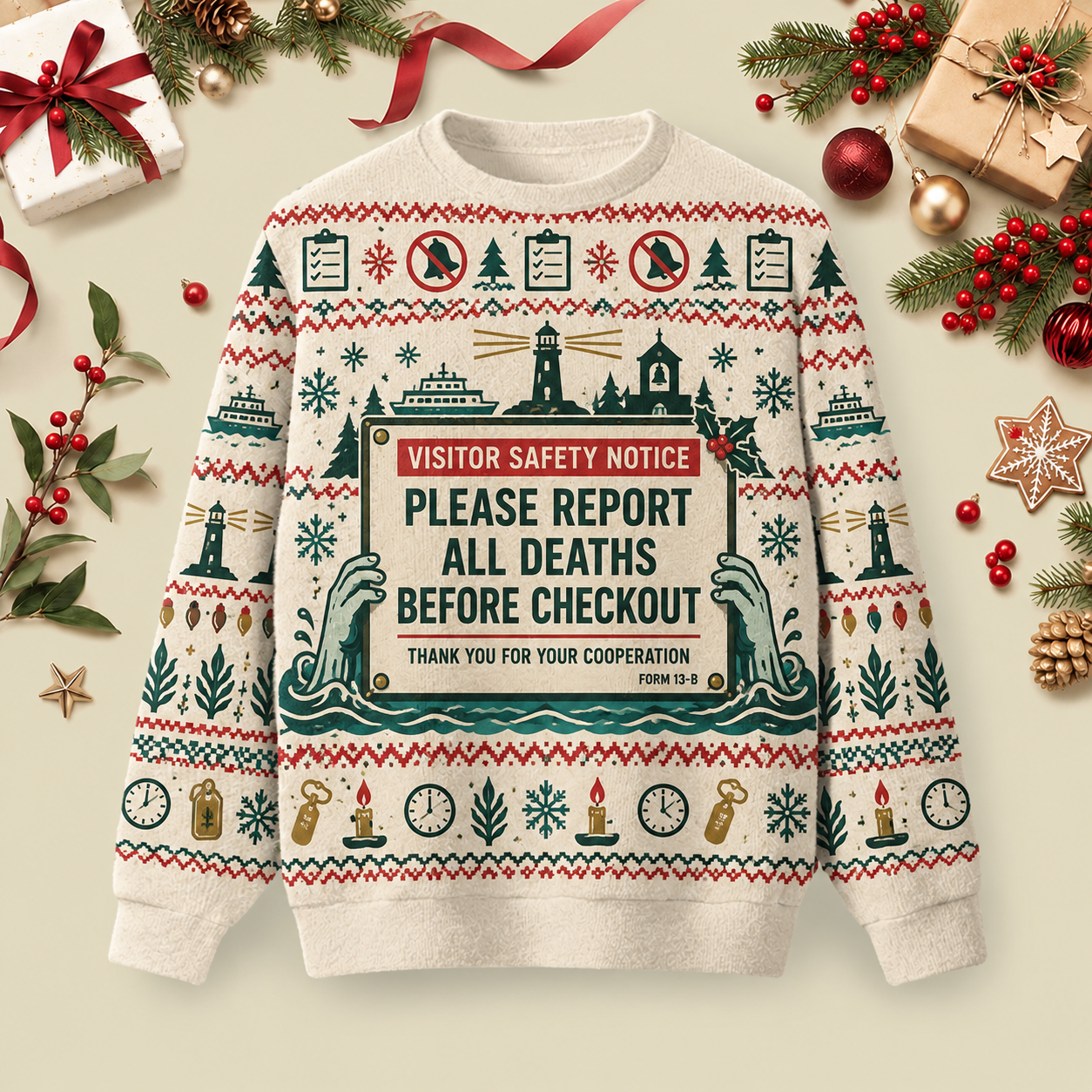 Please Report All Deaths Before Checkout Ugly Christmas Fluffy Sweatershirt