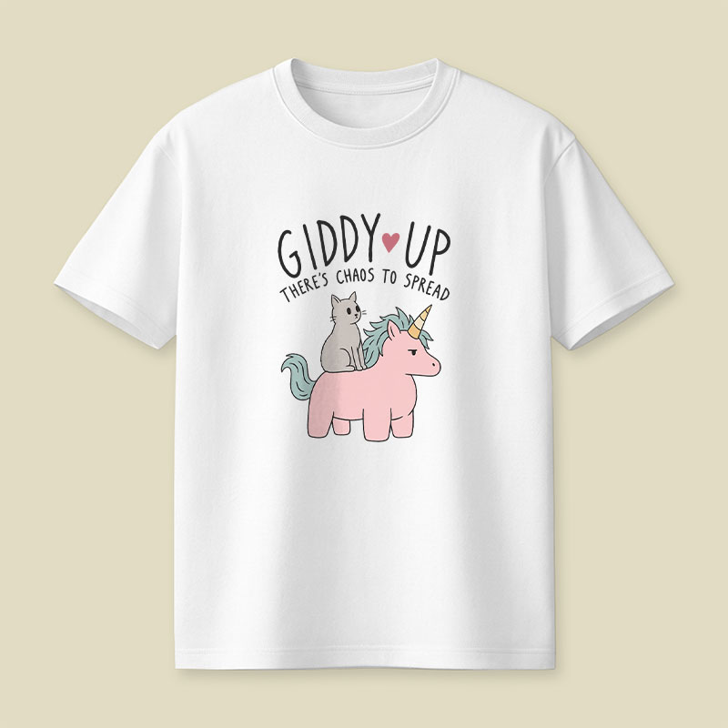 Cute Cat Riding Unicorn - Giddy Up Playful T-Shirt
