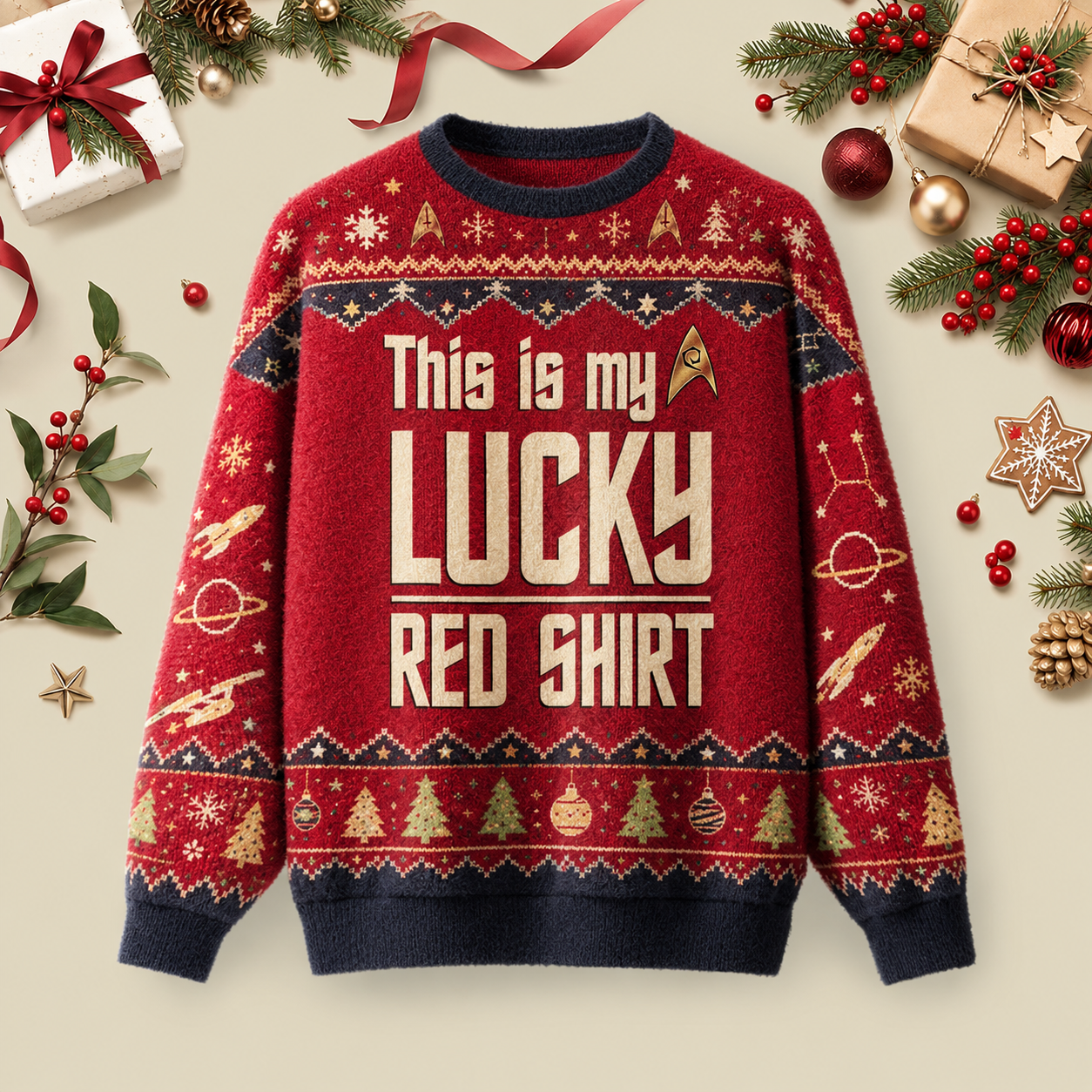 The Original Series This Is My Lucky Red Shirt Ugly Christmas Fluffy Sweatershirt