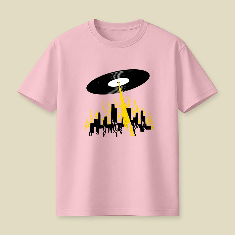 Vinyl Record UFO Invasion Burning City Playful T-Shirt