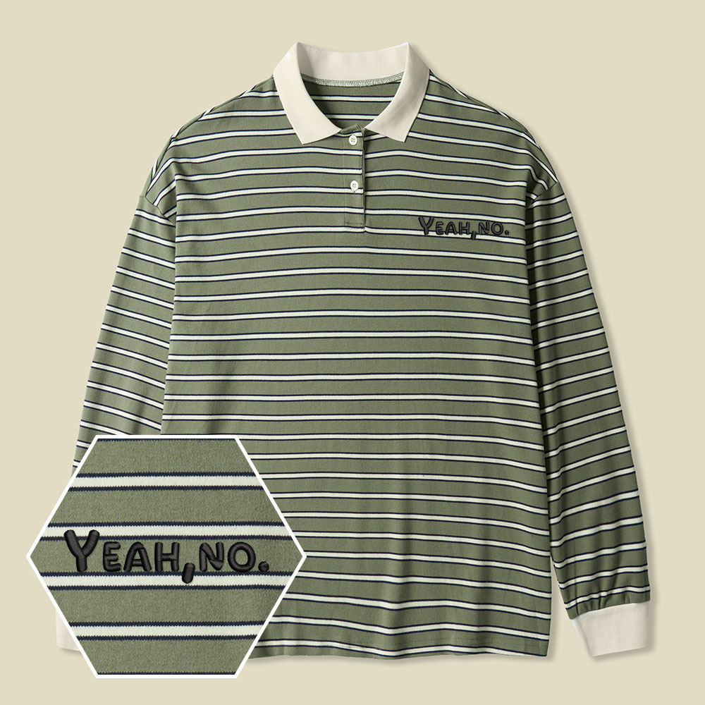 Yeah No Funny Sarcastic Lycra Striped Embroidered Long-Sleeve Polo