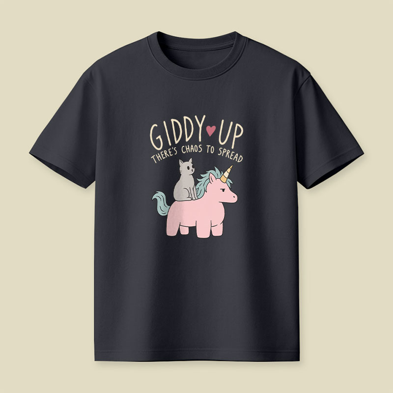 Cute Cat Riding Unicorn - Giddy Up Playful T-Shirt