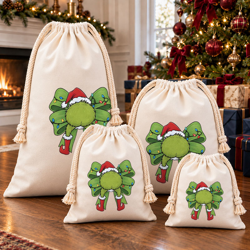 Plush Bow Christmas Drawstring Gift Bag