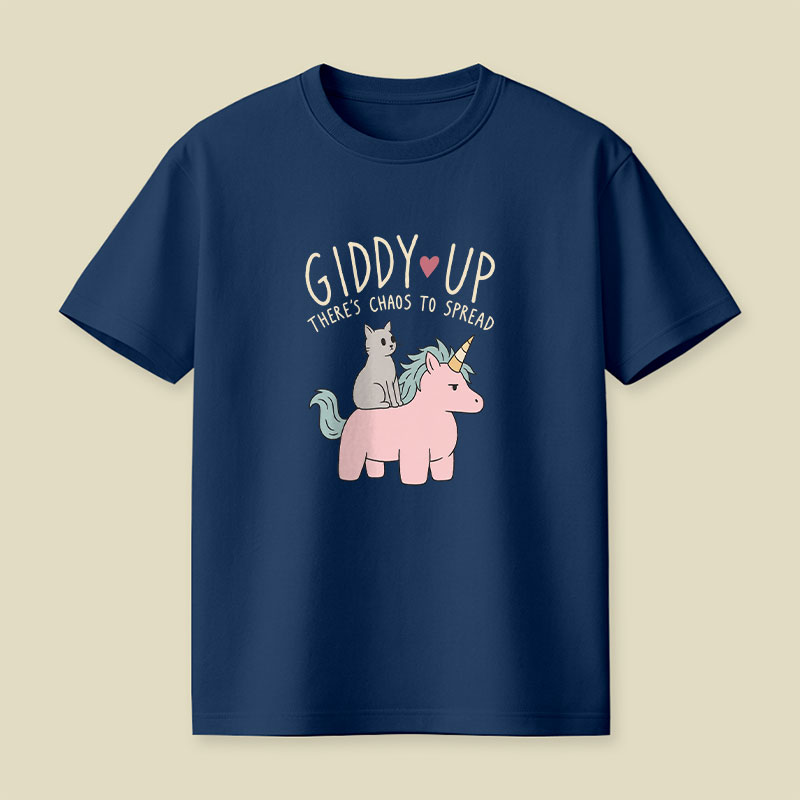 Cute Cat Riding Unicorn - Giddy Up Playful T-Shirt