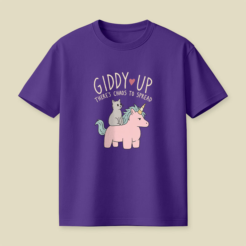 Cute Cat Riding Unicorn - Giddy Up Playful T-Shirt