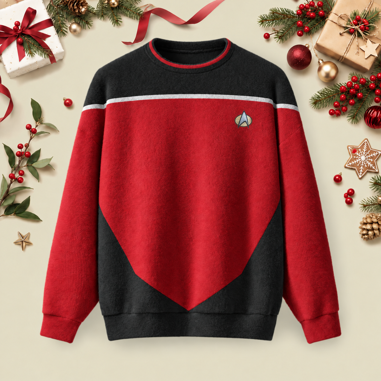 Red Space Uniform Ugly Christmas Fluffy Sweatershirt