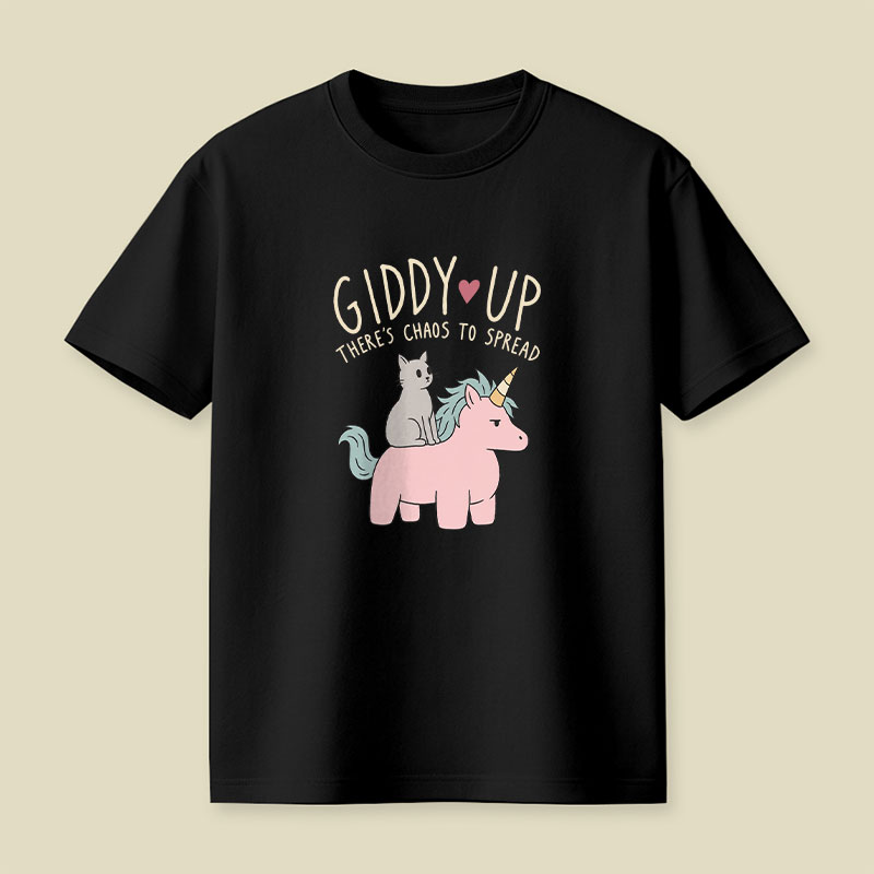 Cute Cat Riding Unicorn - Giddy Up Playful T-Shirt