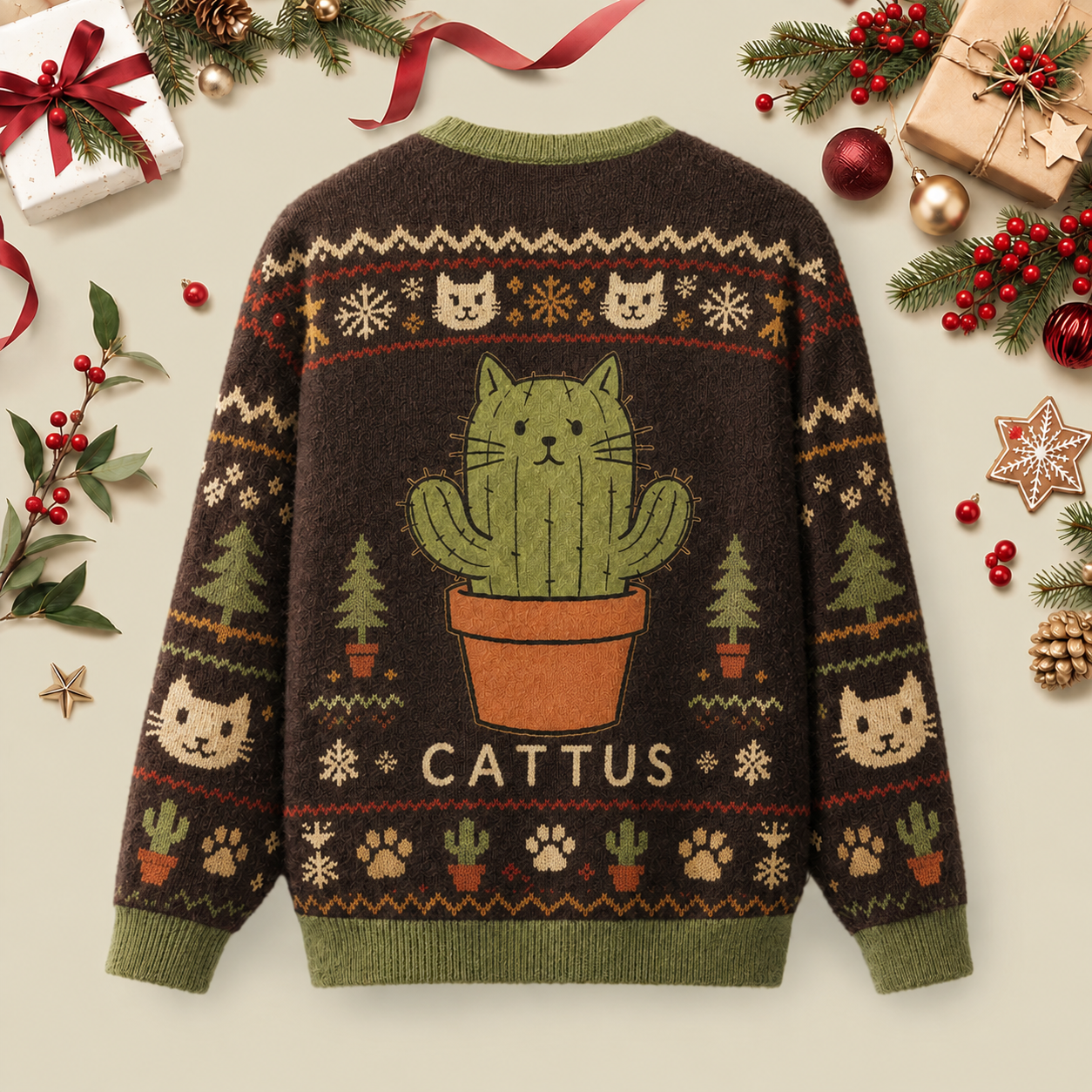 Cattus Cactus Cat Ugly Christmas Fluffy Sweatershirt