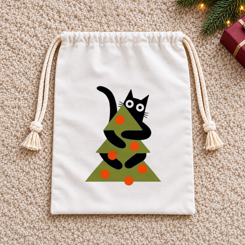 Funny Cat Climbing Christmas Tree Christmas Drawstring Gift Bag