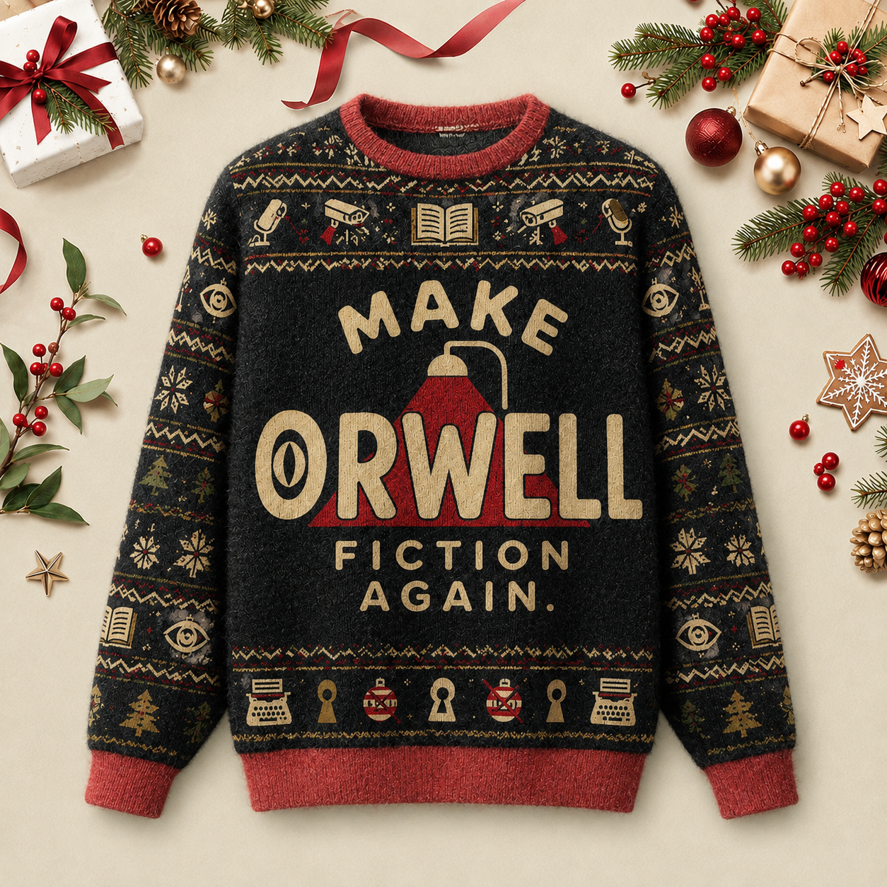 Make Orwell Fiction Again Ugly Christmas Fluffy Sweatershirt