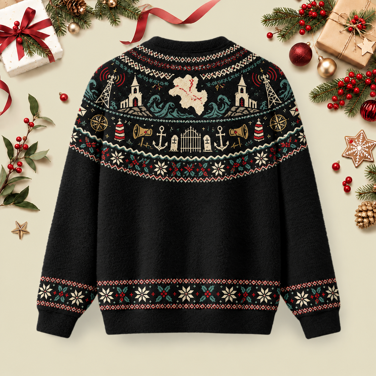Haunted Island Radio Tower Holiday Ugly Christmas Fluffy Sweatershirt