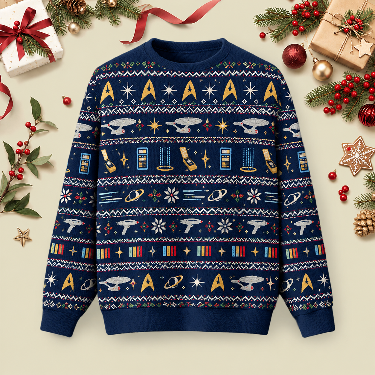 Beam Me Up Trekkie Festive Ugly Christmas Fluffy Sweatershirt
