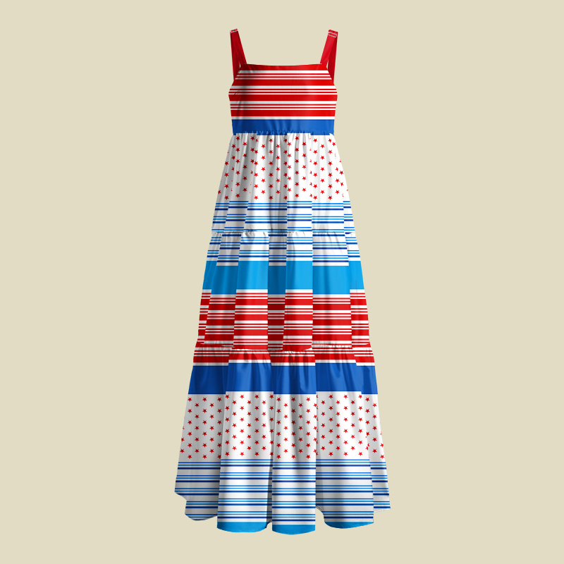 Red And Blue Color-Block Stripes Playful Maxi Dress