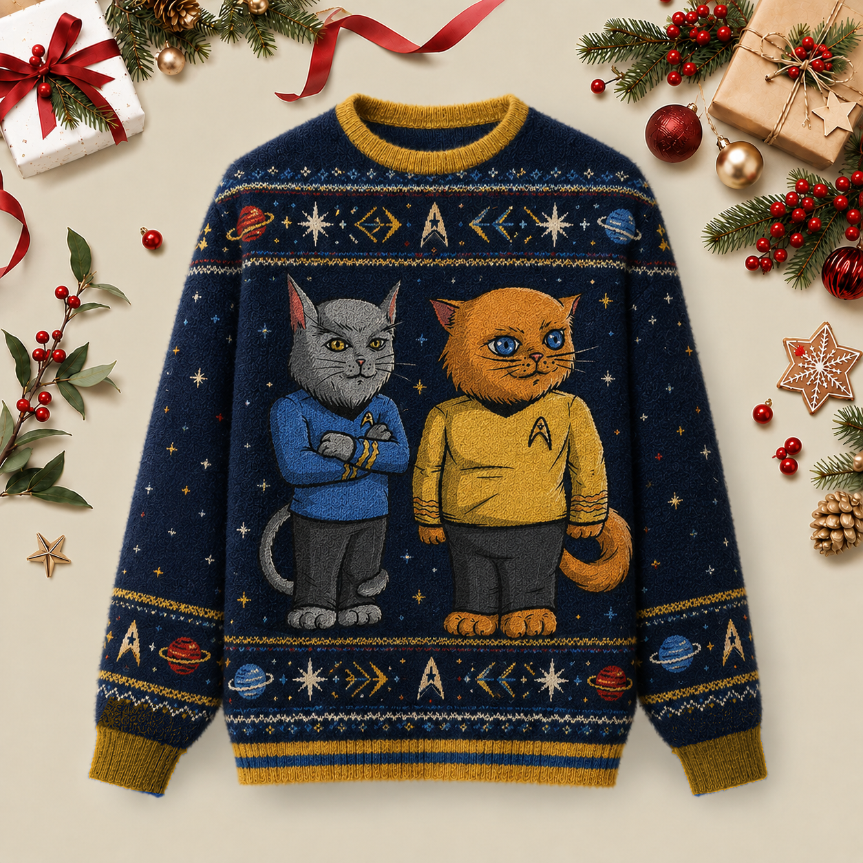 Cats Trek Ugly Christmas Fluffy Sweatershirt