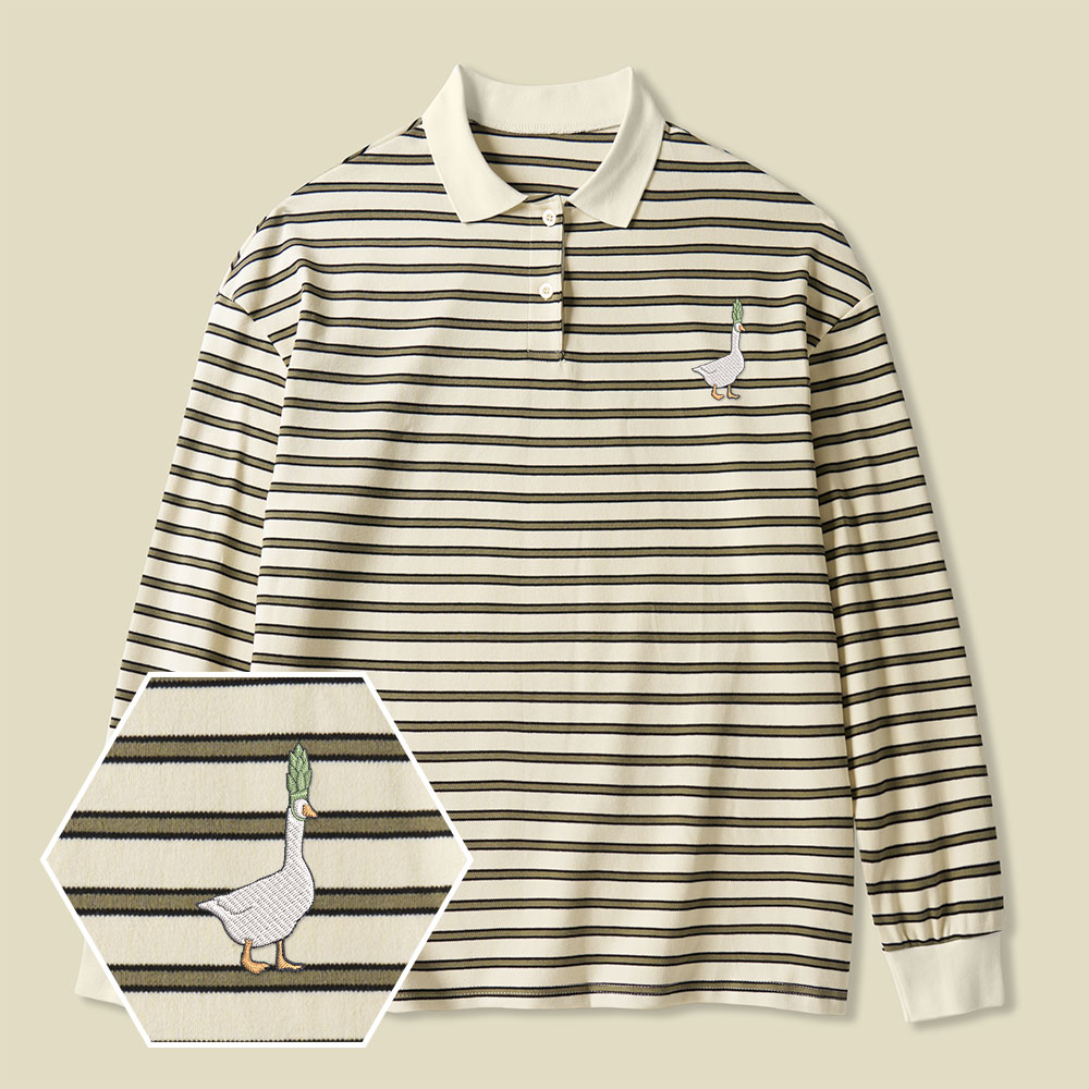 Asparagoose Lycra Striped Embroidered Long-Sleeve Polo