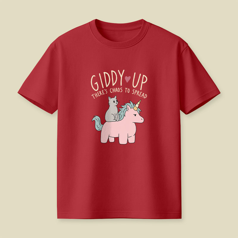 Cute Cat Riding Unicorn - Giddy Up Playful T-Shirt