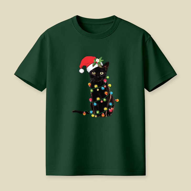 Santa Black Cat Tangled Up In Christmas Tree Lights Playful T-Shirt