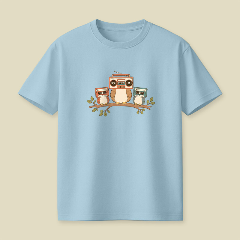 Owls With Boombox And Cassettes Playful T-Shirt