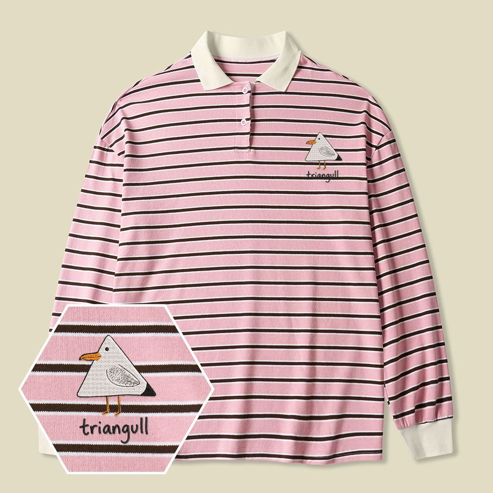 Triangull Funny Geometry Cute Triangle Seagull Bird Lycra Striped Embroidered Long-Sleeve Polo