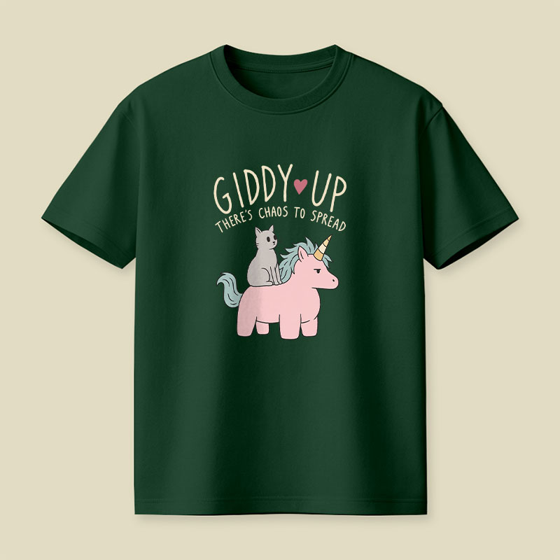 Cute Cat Riding Unicorn - Giddy Up Playful T-Shirt