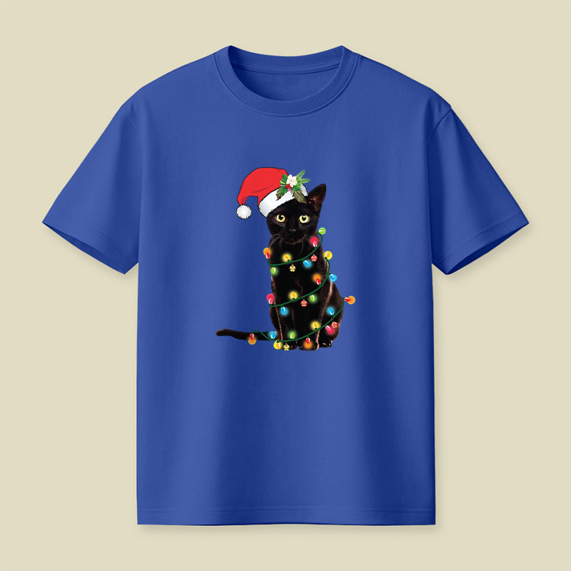 Santa Black Cat Tangled Up In Christmas Tree Lights Playful T-Shirt
