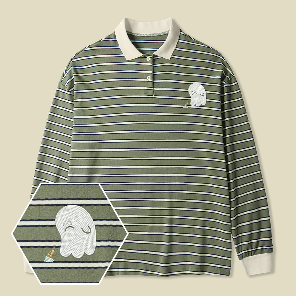 Sad Ghost Lycra Striped Embroidered Long-Sleeve Polo