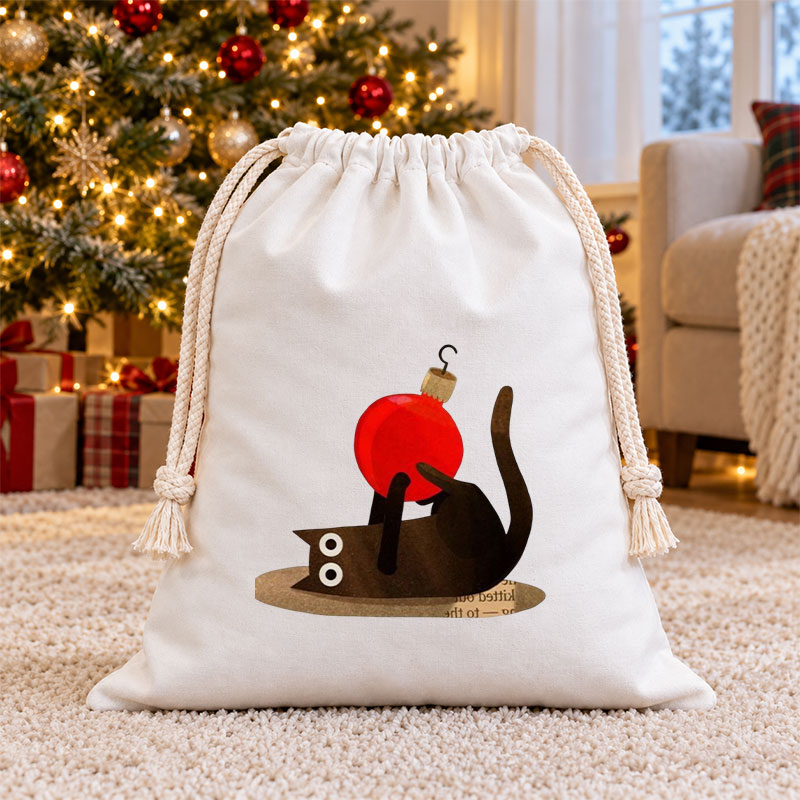 Black Cat Playing With Xmas Bauble Christmas Drawstring Gift Bag