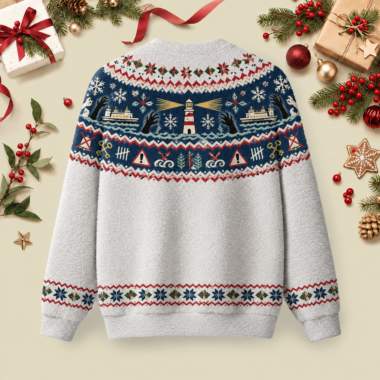 Maritime Monster Lighthouse Ugly Christmas Fluffy Sweatershirt