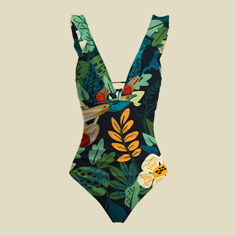 Scifi Spacecraft Hawaii Green V-Neck One Piece Swimsuit