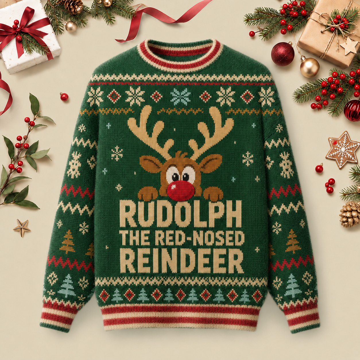Rudolph Reindeer Ugly Christmas Fluffy Sweatershirt