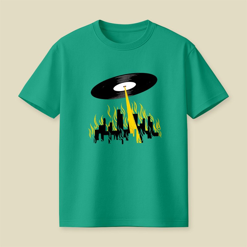 Vinyl Record UFO Invasion Burning City Playful T-Shirt