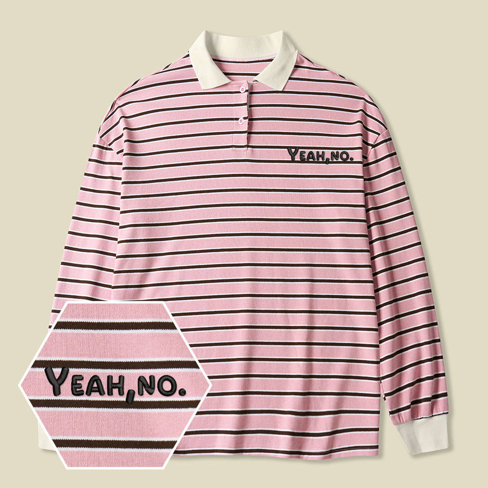 Yeah No Funny Sarcastic Lycra Striped Embroidered Long-Sleeve Polo