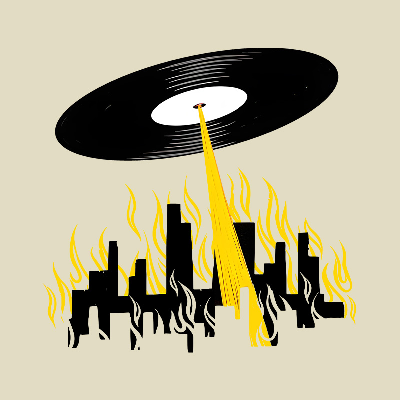 Vinyl Record UFO Invasion Burning City Playful T-Shirt