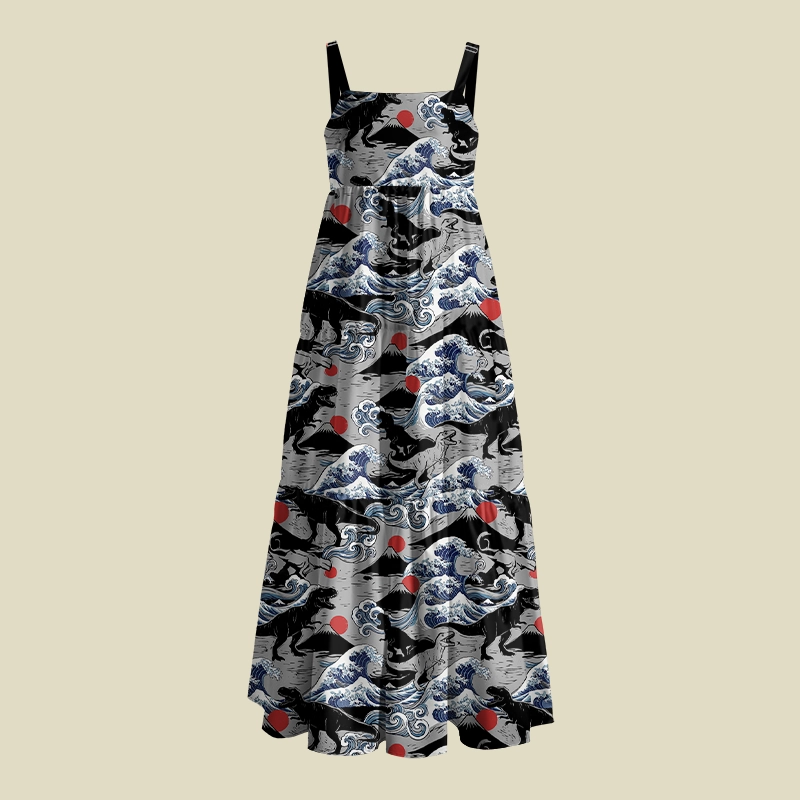 Japanese Wave Dinosaur Fusion Playful Maxi Dress