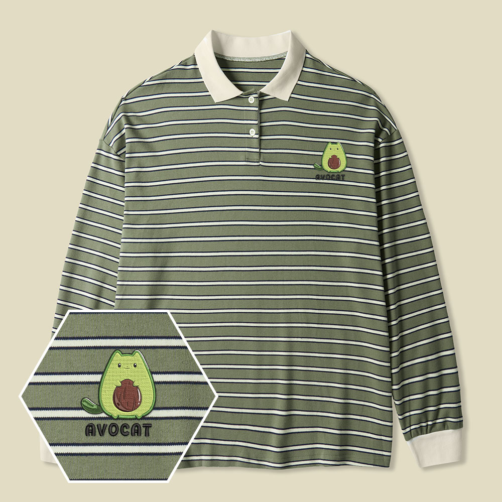 Cute Avocat Lycra Striped Embroidered Long-Sleeve Polo