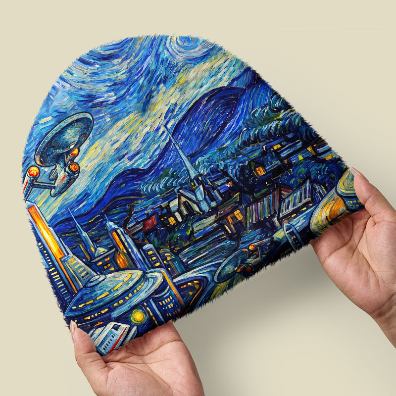 Starry Night Spaceship Fuzzy Beanie