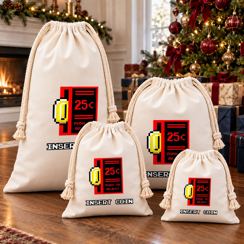 Retro Arcade Insert Coin Christmas Drawstring Gift Bag
