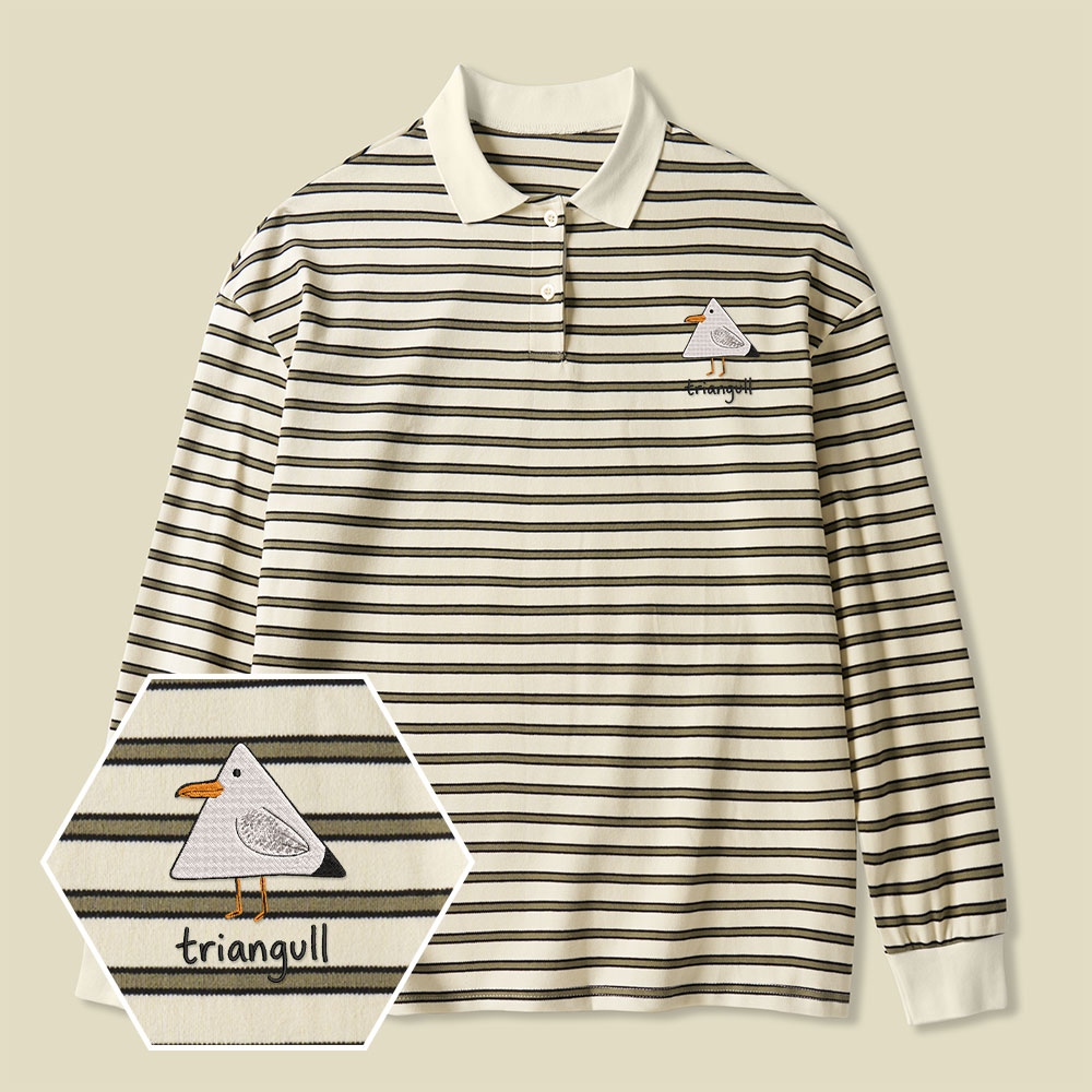 Triangull Funny Geometry Cute Triangle Seagull Bird Lycra Striped Embroidered Long-Sleeve Polo