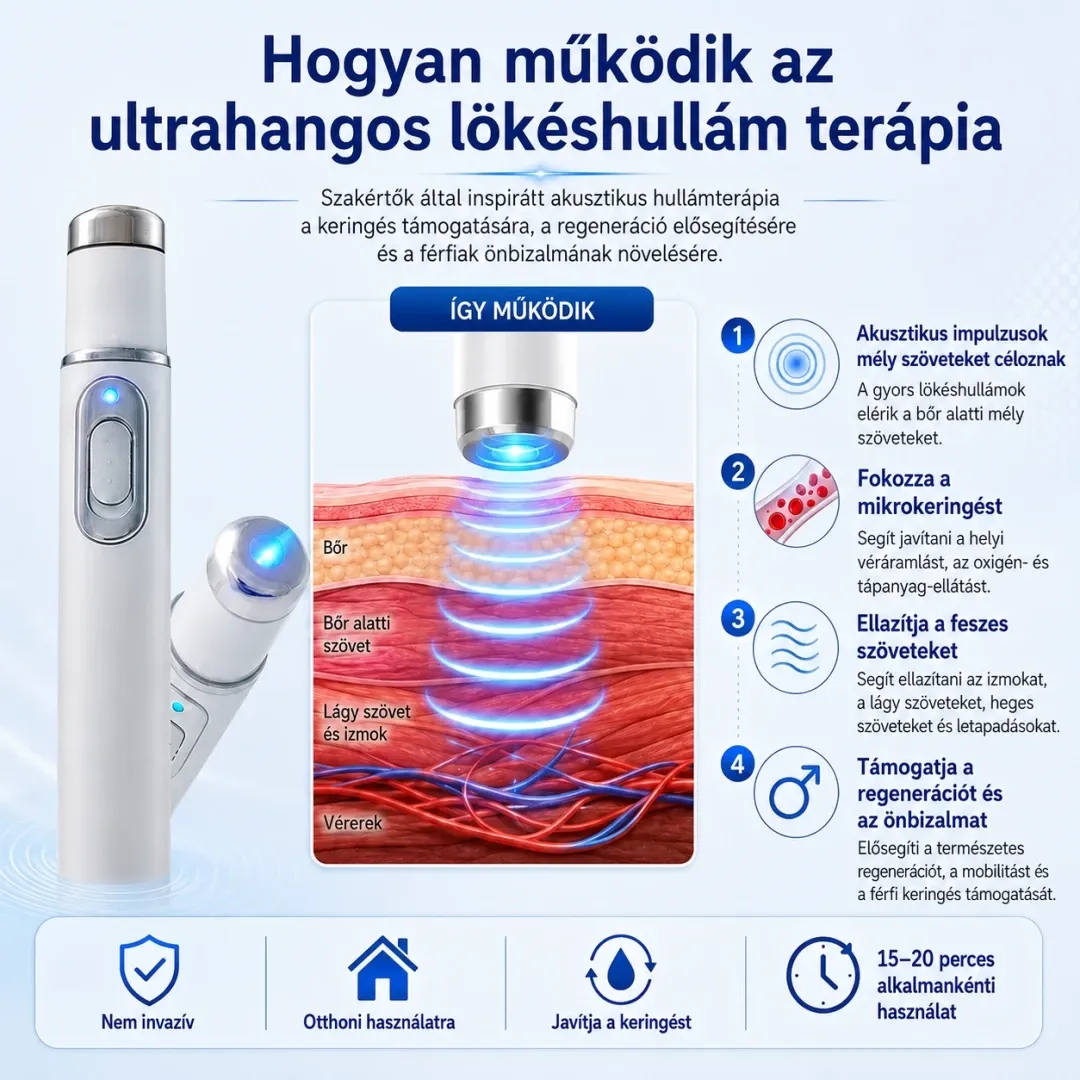 A fejlett akusztikus lökéshullám-terápia helyreállítja a péniszszövet egészségét, fokozza az emelkedési merevséget, az állóképességet és a férfi teljesítménybeli magabiztosságot, enyhítve az izomfájdalmat, az ízületi merevséget és az ínfájdalmat.