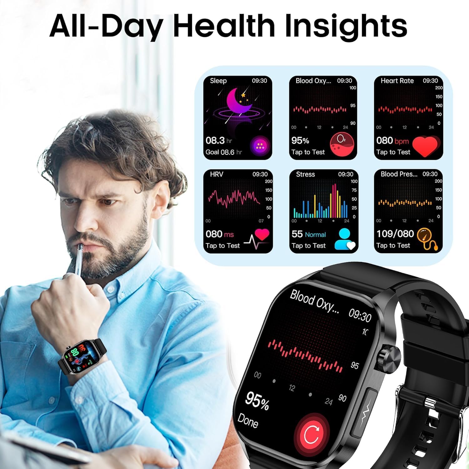 Advanced Health Smartwatch for Women Men with Real-Time Monitoring of Heart Rate, Blood Oxygen, Body Temperature, Blood Pressure, Sleep Auality and Stress Levels.